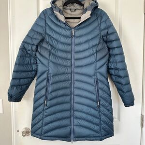L.L. Bean women’s ultralight DownTek hooded coat, three-quarter length.